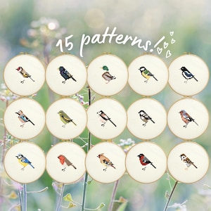 Mini Garten Vogel Kreuzstich Stickvorlagen - 15er Set, Instant Download