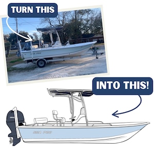 May include: A white Sea Pro boat with a white top and a Yamaha outboard motor. The boat is on a trailer and is being turned into a cartoon illustration.