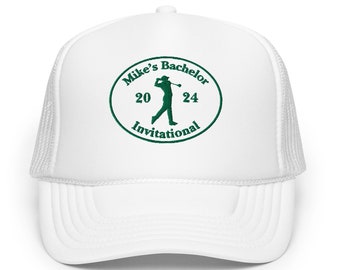 Custom Golf Bachelor Invitational Hat - White and Green faux patch w/ personalized Name and Year embroidery | Custom Groomsmen Bachelor Gift
