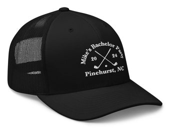 Custom Mid Profile Trucker Hat Bachelor Party Golf Trip - Black Blue and Grey personalized embroidery | Golf weekend | Custom Groomsmen Gift