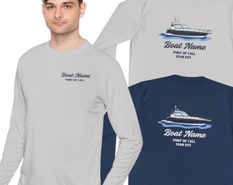 Maglietta a maniche lunghe personalizzata Boat Performance – Maglietta da pesca personalizzata con nome della barca – Maglietta traspirante per barca – Regalo personalizzato per il proprietario della barca