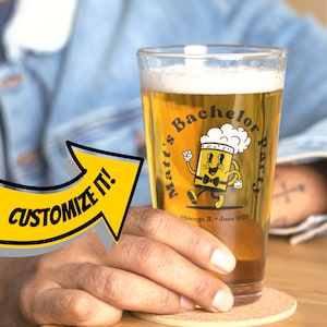 Custom Bachelor Party Pint Glass with Retro Beer Mascot Design | Custom City Gift for Groomsmen