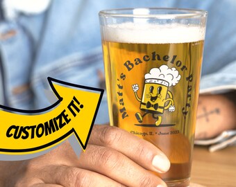 Custom Bachelor Party Pint Glass with Retro Beer Mascot Design | Custom City Gift for Groomsmen