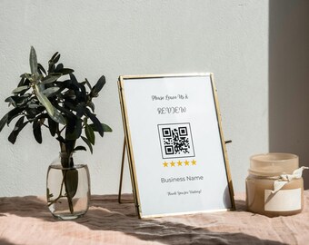 Plantilla editable para dejar una reseña: Letrero con código QR moderno para pequeñas empresas. Imprimible en Canva de 8 x 10. Letrero de reseñas para empresas escaneable y fácil de hacer.