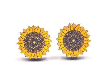 Hand painted sunflower wooden stud earrings