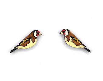 Goldfinch Earrings, Wooden Stud Earrings, Bird Earrings, Wooden Jewellery, Hand Painted Earrings, Garden Birds Gifts