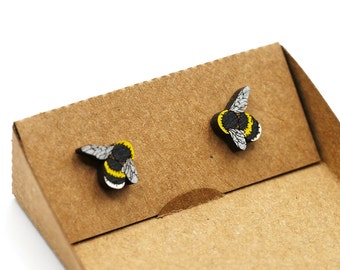 Bumblebee earrings / Hand painted wooden bee studs