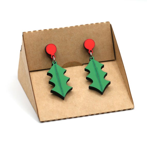 Laser cut hand painted Christmas Holly drop stud earrings