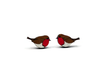 Hand painted wooden robin stud earrings