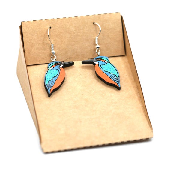 Hand-painted wooden Kingfisher dangle earrings