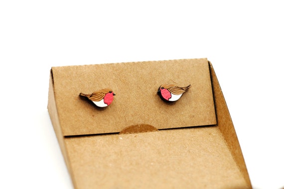 Hand painted wooden robin stud earrings