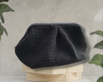 KNITTED RAFFIA BAG, Black Raffia Bag, Raffia Handbag, Crochet Black Bag, Black Knitted Bag, Black Raffia Hand Bag Perfect Gift For Girls