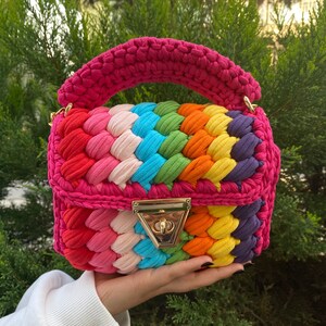 Pink and Multicolor Bag/Hand Woven Bag/Crochet Colorful Bag/Handmade Bag/Luxury Women's Bag/Hand Knitted Bag/Crossbody-Hand Bag/ Yarn Purse