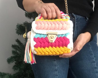 White and Multicolor Bag/Hand Woven Bag/Crochet Colorful Bag/Handmade Bag/Luxury Women's Bag/Hand Knitted Bag/Crossbody-Hand Bag/ Yarn Purse