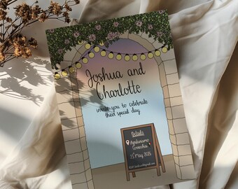 Elegante invitación de boda en un patio mediterráneo / Papelería italiana personalizada / Ilustración dibujada a mano (descarga digital)