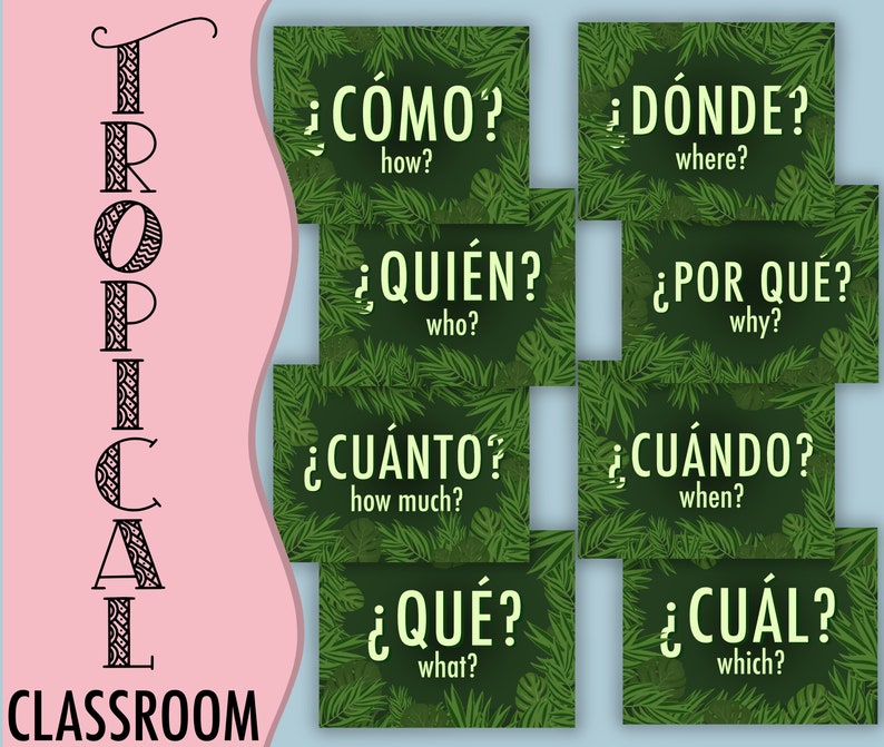 Spanish Question Words Poster Set with English Translations Tropical Etsy