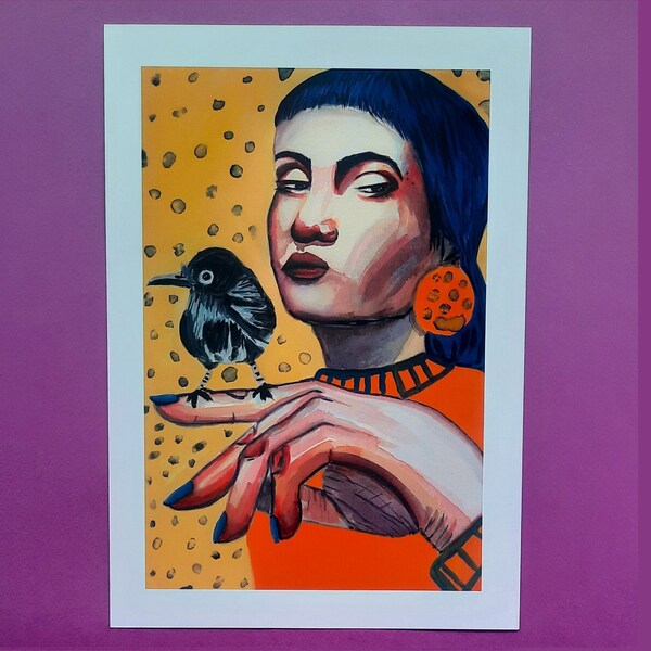 Art print peinture à la gouache / Portrait avec oiseau