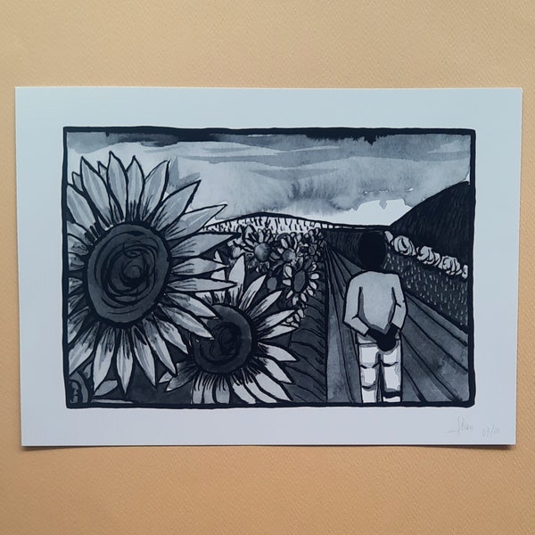 Art print encre de chine /  Paysage tournesols