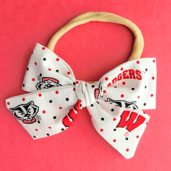 wisonsin badgers inspired bows, football season, football bows, baby headbands, toddler bows, childrens bows, clips & headbands, red, white