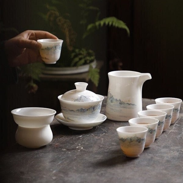 CHAYIN - Handmade Fine White Porcelain Tea Set Chinese Landscape Gaiwan Teapot and Teacups Ceramic Kung Fu Tea Set Tea Lover Gift Set