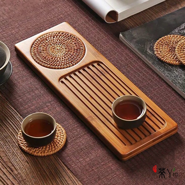 CHAYIN - Handmade Bamboo Tea Serving Tray Kungfu Tea Tray with Woven Teapot Mat Chinese Gong Fu Tea Ceremony Accessory Gift for Tea Lovers