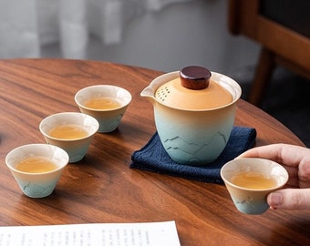 CHAYIN - Handmade Portable Ceramic Travel Tea Set Gaiwan Teapot with 4 Tea Cups & Case Embossed Kung Fu Tea Set Gift for Tea Lovers Camping