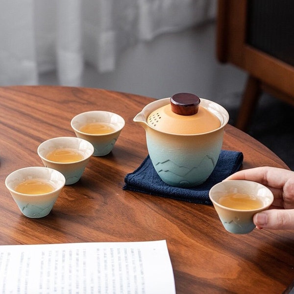 CHAYIN - Handmade Portable Ceramic Travel Tea Set Gaiwan Teapot with 4 Tea Cups & Case Embossed Kung Fu Tea Set Gift for Tea Lovers Camping
