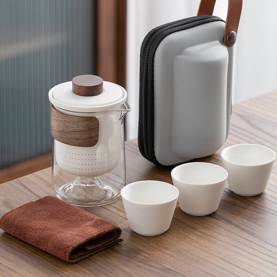 CHAYIN Portable Ceramic Glass Travel Tea Set Teapot With 3 Tea Cups