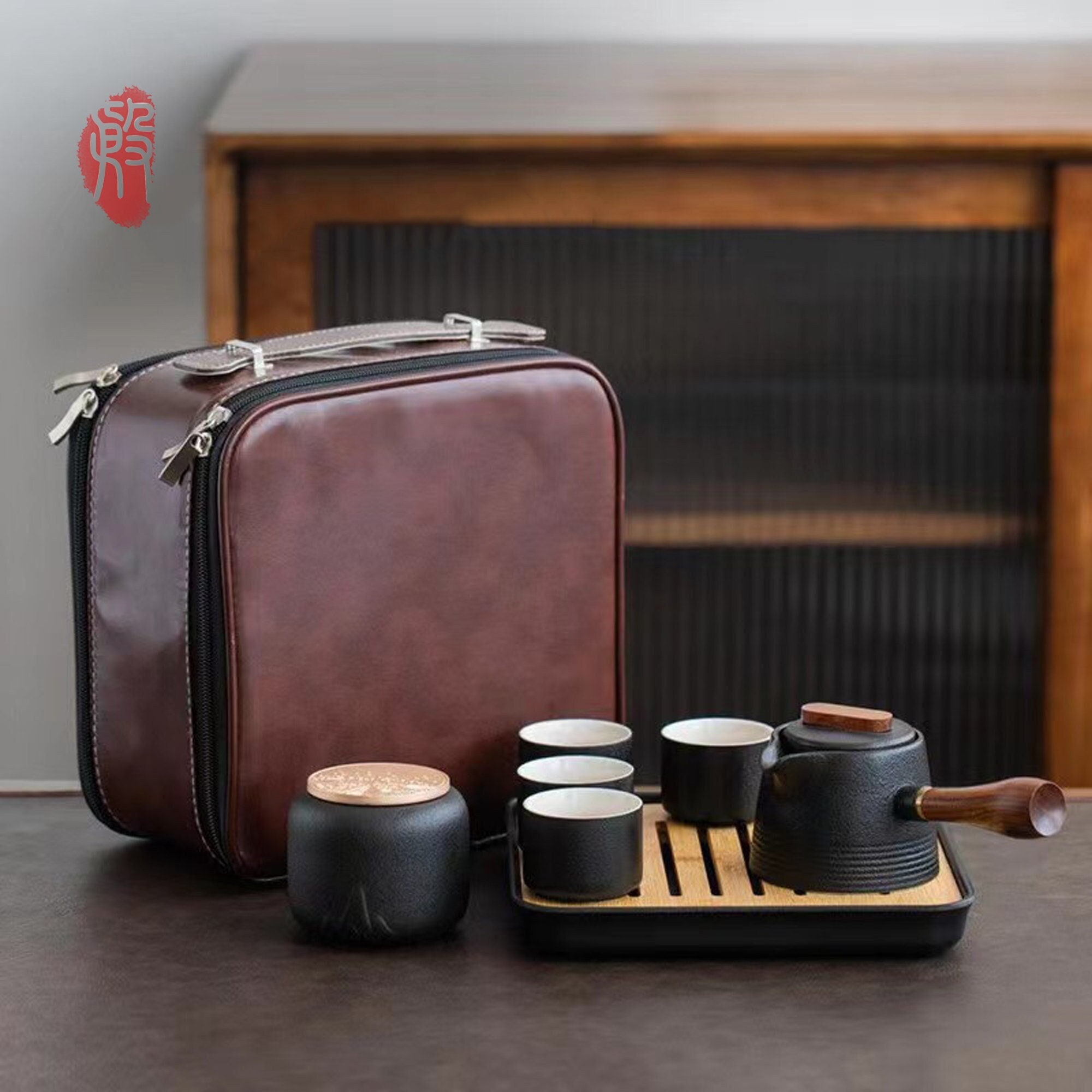 Chinese Tea Set, Kungfu Tea Pot Cup Set With 4X Tea Cups, Bamboo Tea Tray,  Tea Canister, Infuser, Travel Portable Tea Set Suitable For Office, Picnic