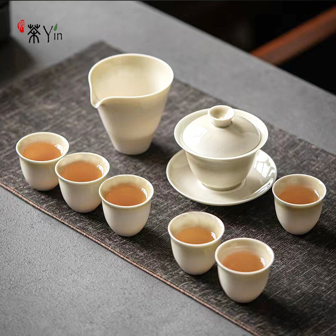 CHAYIN Handmade Wood Ash Glaze Ceramic Tea Set Gaiwan Teapot and Tea Cups Set Vintage Style Kung