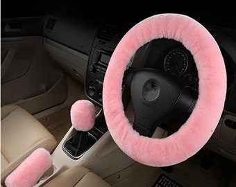 Car Steering Wheel Cover 3 Piece Set Gearshift and Handbrake Cover Protector Decoration Warm Super Thick Collar Soft Black Pink Women Man