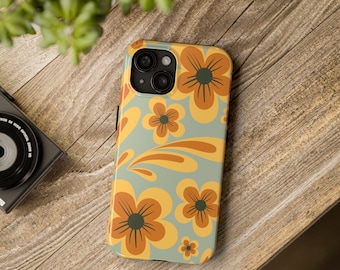 Capa de telefone florida verde e laranja, modelos de iPhone, iPhone 15, iPhone 14, iPhone 13, Samsung Galaxy, capa de telefone fofa, capa de telefone retrô
