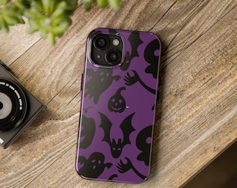 Halloween Phone Case - Black and Purple - iPhone Models, iPhone 13, iPhone 12, Samsung Galaxy S6, Skeleton, Ghost, Bat, Jack-O-Lantern