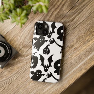 Halloween Phone Case - White and Black - iPhone Models, iPhone 15, iPhone 14, Samsung Galaxy, Skeleton, Ghost, Bat, Jack-O-Lantern