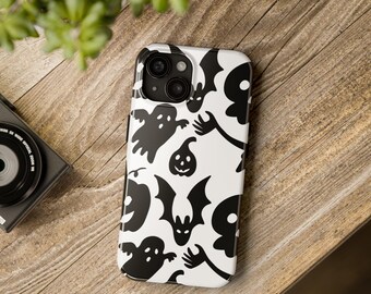 Halloween Phone Case - White and Black - iPhone Models, iPhone 15, iPhone 14, Samsung Galaxy, Skeleton, Ghost, Bat, Jack-O-Lantern