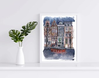 Amsterdam PRINT, Watercolor Amsterdam houses, Amsterdam Gift art, Holland art, Netherlands Watercolor Print, Wall art, Printable art