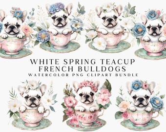 Spring French Bulldogs Tea Clipart, Tea Party Clip art, Mothers Day, Teacups Clipart, Frenchie Mom PNG, Elegant Floral Tea Party