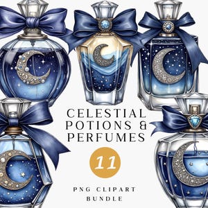 Puede incluir: Ilustraciones de frascos de perfume con diseños celestiales. Cada frasco presenta una luna creciente y estrellas, líquido azul oscuro y un lazo a juego. El texto "CELESTIAL POTIONS & PERFUMES" se muestra, junto con el número "11" en un círculo.
