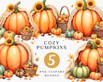 May include: Watercolor illustration of pumpkins, gourds, and sunflowers. The image features orange and green pumpkins, some adorned with sunflowers, and small baskets filled with gourds. The text "COZY PUMPKINS" and "5 PNG CLIPART BUNDLE" are also visible.