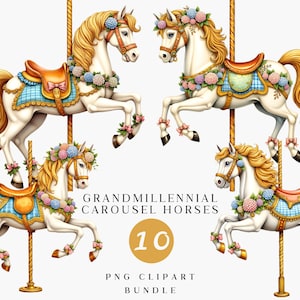 Grandmillennial Carousel Horses Clipart Set, Horse PNG, Horses, Carousel Horse, Preppy Designs Sublimation, DTF