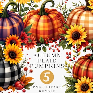 Autumn Plaid Pumpkin with Sunflower Clipart Set, Fall Clipart, Autumn Harvest, Fall Season, Sunflower PNG, Thanksgiving, Pumpkin Sublimation