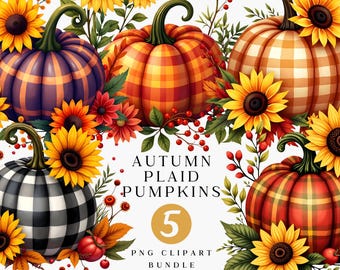 May include: A digital illustration of five plaid pumpkins in various colors, including purple, orange, and red. Sunflowers, red berries, and fall foliage surround the pumpkins. Text reads "AUTUMN PLAID PUMPKINS" and "5 PNG CLIPART BUNDLE."