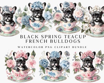 Spring French Bulldogs Tea Clipart, Tea Party Clip art, Mothers Day, Teacups Clipart, Frenchie Mom PNG, Elegant Floral Tea Party