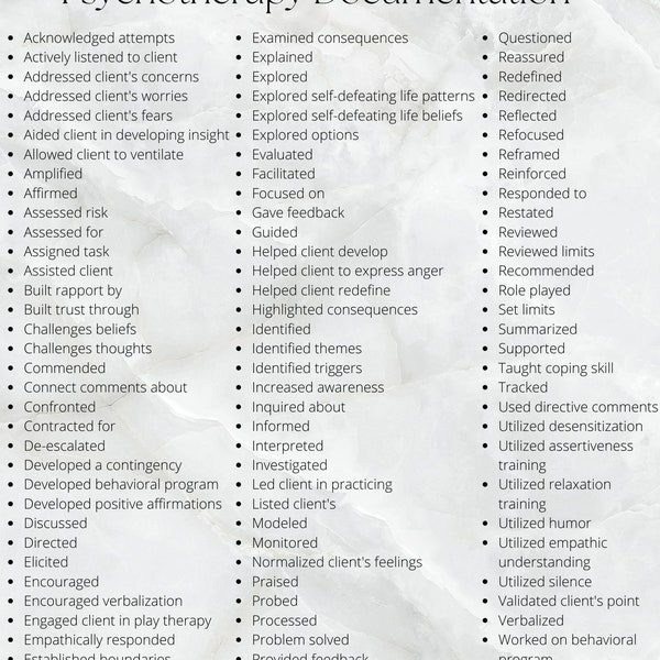 Common Intervention Terminology in Psychotherapy Documentation, Therapist Common Terminology in Documentation, Documentation Support