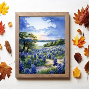 Celebrate Texas wild beauty with this watercolor print of Muleshoe Bend bluebonnet fields. Perfect for nature lovers and Lone Star enthusiasts. Tranquility of a Texas ranch sunset with this rural landscape art. Heart of the Hill Country Texas. Winter