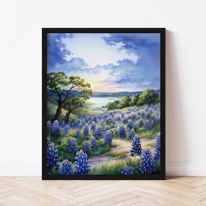 Celebrate Texas wild beauty with this watercolor print of Muleshoe Bend bluebonnet fields. Perfect for nature lovers and Lone Star enthusiasts. Tranquility of a Texas ranch sunset with this rural landscape art. Heart of the Hill Country Texas.