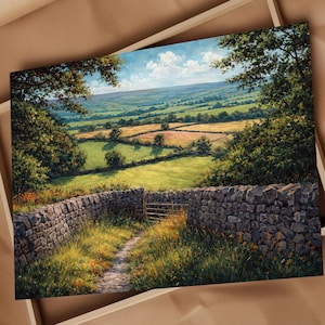 May include: A framed landscape painting depicting a serene countryside scene. The artwork showcases rolling green hills, fields, and a stone wall with a path leading to a gate. The sky is blue with fluffy white clouds, and the painting is set in a wooden frame.