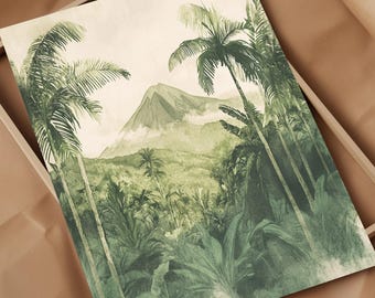 Arenal Volcano Costa Rica Watercolor Art Print Lush Jungle Landscape Wall Art with Smoky Greens, Palms, and Peaceful Volcanic Scenery