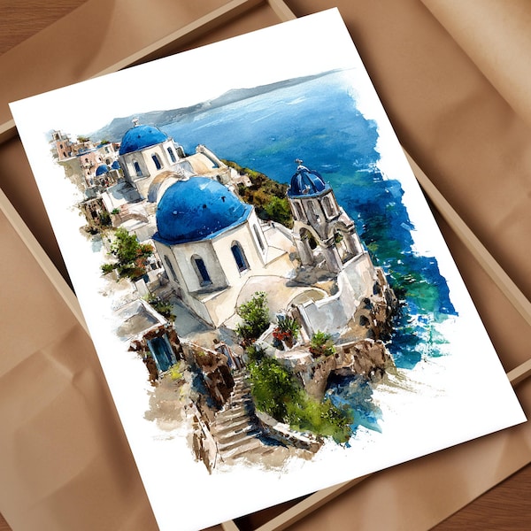 Santorini Blue Domes Watercolor Greek Island Art Print - Iconic Blue and White Architecture Sunlit Terraces Aegean Sea Coastal Wall Art Gift