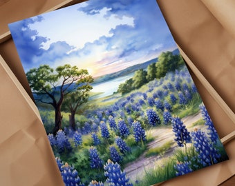 Muleshoe Bend Bluebonnet Bliss Texas Hill Country Art Breathtaking Watercolor Print Capturing Iconic Beauty of Full Bloom Wild Bluebonnets